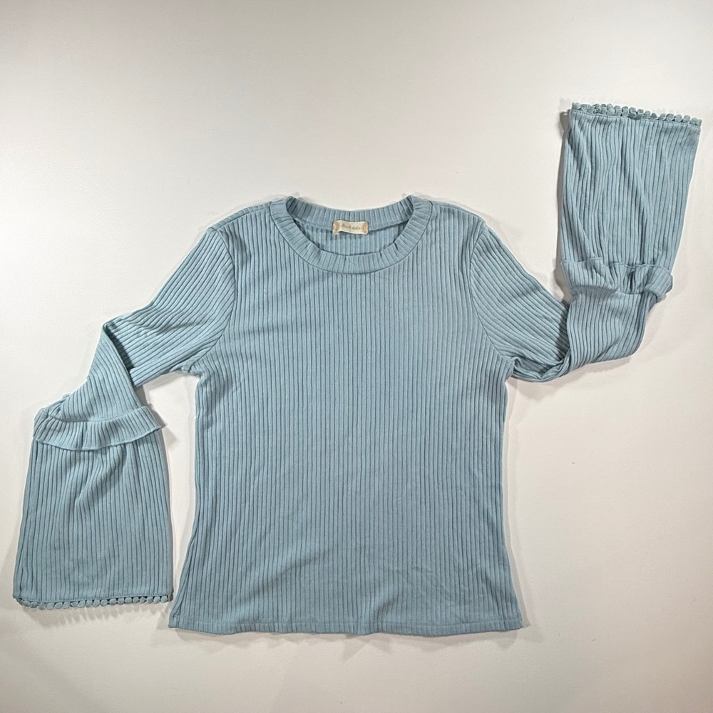 Altar'd State Bell Sleeve Top Womens Large Light Blue Ruffle Pom Pom Ribbed Knit